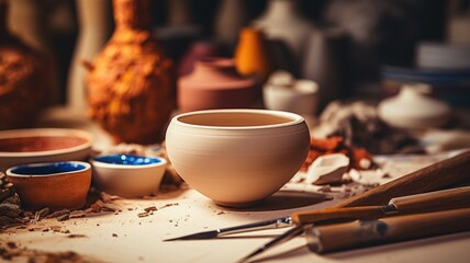 Ceramic pottery bowl amidst a potter’s tools on a workbench - obrazy, fototapety, plakaty