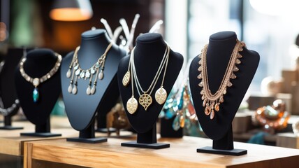Elegant jewelry display with various necklaces - obrazy, fototapety, plakaty
