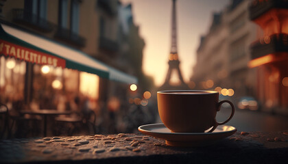 Cup coffee in the background Paris Eiffel Tower. Generative AI, - obrazy, fototapety, plakaty