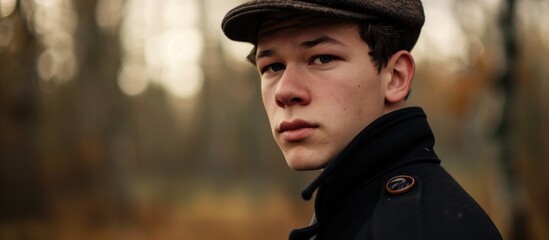 Outdoor portrait of a young man wearing a black coat and cap