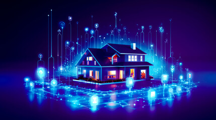 House surrounded by glowing lights and lot of blue lights around it.