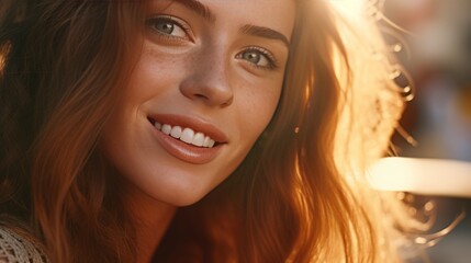 Close up portrait of beautiful young woman with freckles on her face