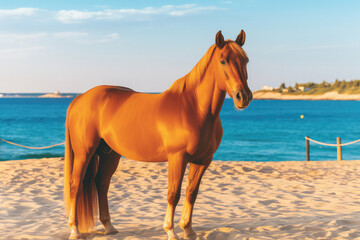 A captivating image of a horse pausing by the shoreline, admiring its own reflection in the shimmering waters of the se