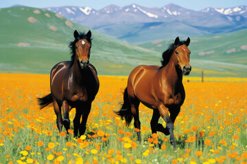 A group of wild living horses running with abandon, their manes flowing in the wind, symbolizing the essence of freedo