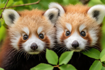Obraz premium A baby red panda climbing a tree, testing its climbing skills under the watchful eye of its mother. The red panda's charming antics add a playful touch to the forest landscap