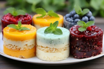 Desserts with fruit pies and berries such as mousses, pastries, cakes, jellies, ice cream,close-up