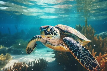 Hawaiian Green Sea Turtle (Chelonia mydas) swimming underwater