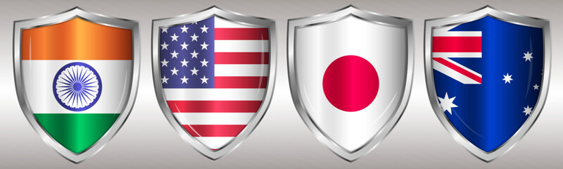 defense protective shield flags of Australia, United States, Japan, India network between military alliance quad security pact between countries	 - obrazy, fototapety, plakaty