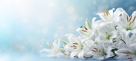 White lilies bouquet on light blue background with glitter and bokeh. Banner with copy space. Ideal for poster, greeting card, event invitation, promotion, advertising, print, elegant design.