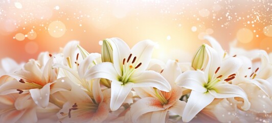 White lilies bouquet on light peach background with glitter and bokeh. Banner with copy space....