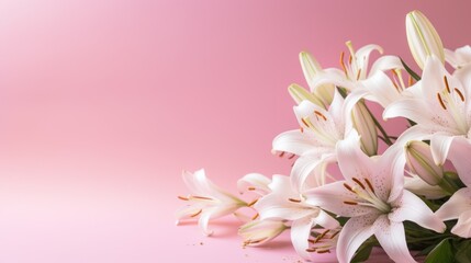 White lilies bouquet on light pink background. Banner with copy space. For poster, greeting card, event invitation, promotion, advertising, print, elegant design. Present for Womens day, Valentine