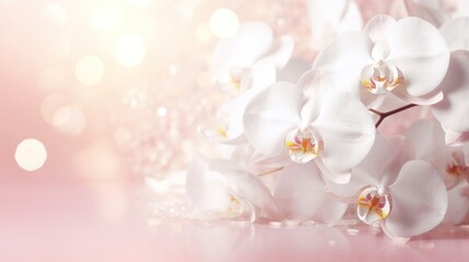 Fototapeta na wymiar White orchids bouquet on light peach pink background with glitter and bokeh. Banner with copy space. Perfect for poster, greeting card, event invitation, promotion, advertising, print, elegant design.