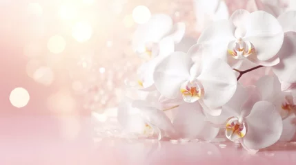 Foto auf Leinwand White orchids bouquet on light peach pink background with glitter and bokeh. Banner with copy space. Perfect for poster, greeting card, event invitation, promotion, advertising, print, elegant design. © Jafree