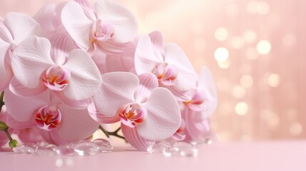 Fototapeta na wymiar Pink orchids bouquet on light peach background with glitter and bokeh. Banner with copy space. Perfect for poster, greeting card, event invitation, promotion, advertising, print, elegant design.
