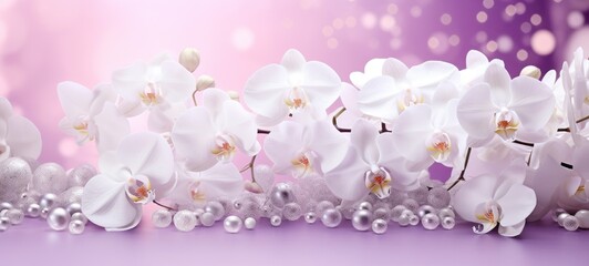 White orchids bouquet on light purple background with glitter and bokeh. Banner with copy space. Perfect for poster, greeting card, event invitation, promotion, advertising, print, elegant design.