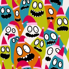 Fotobehang Christmas cartoon doodle seamless monster pattern for wrapping paper and fabrics and linens and kids © Tetiana