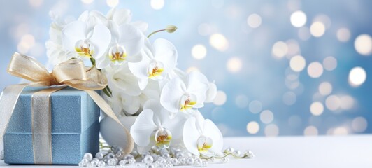 Beautifully wrapped gift box adorned with a golden ribbon bow, accompanied by white orchids. Banner with copy space. Ideal for greeting, postcard for Womens day, Valentines day or special occasions - Powered by Adobe
