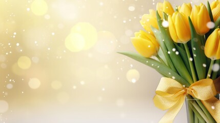 Yellow tulips bouquet with ribbon bow on light background with bokeh. Banner with copy space. Ideal for poster, greeting card, event invitation, promotion, advertising, print, elegant design.