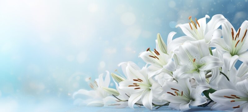 White lilies bouquet on light blue background with glitter and bokeh. Banner with copy space. Ideal for poster, greeting card, event invitation, promotion, advertising, print, elegant design.