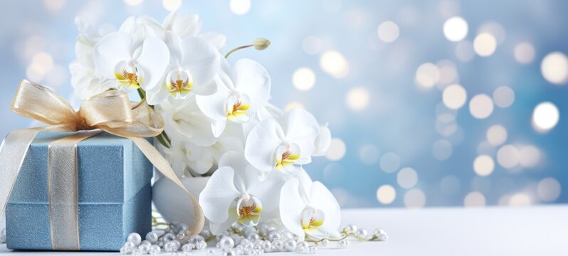 Beautifully wrapped gift box adorned with a golden ribbon bow, accompanied by white orchids. Banner with copy space. Ideal for greeting, postcard for Womens day, Valentines day or special occasions
