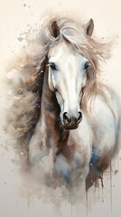 White Horse. Illustration in watercolor style. Concept of freedom and beauty of wild animal. Perfect for equestrian enthusiasts, art collectors, decor, web design, print on items. Vertical format