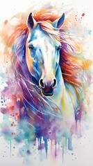 Rainbow White Horse In watercolor style. On background of aquarelle splashes and stains. Fantasy illustration. Perfect for book cover, postcard, greeting, wall art, decor, web design, print on items.