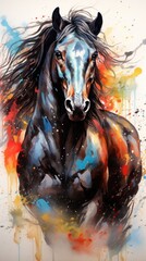 Rainbow Black Horse. In watercolor style. On background of aquarelle splashes and stains. Fantasy illustration. Perfect for book cover, postcard, greeting, wall art, decor, web design, print on items.