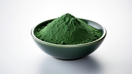 Spirulina or chlorella green powder in a bowl on a white background. Dried seaweed. Healthy superfood. Matcha Powder. Close up. Food supplement. For advertising, packaging, label, market, food blog