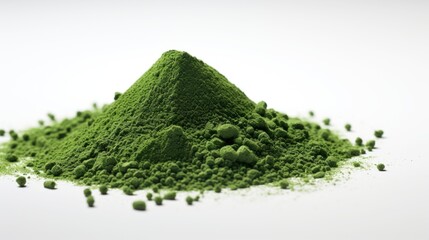 Spirulina or chlorella green powder on a white background. Dried seaweed. Healthy superfood. Matcha Powder. Close up. Food supplement. For advertising, packaging, label, market, food blog