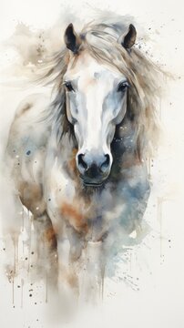 White Horse. Illustration in watercolor style. Concept of freedom and beauty of wild animal. Perfect for equestrian enthusiasts, art collectors, wall art, web design, print on items. Vertical format