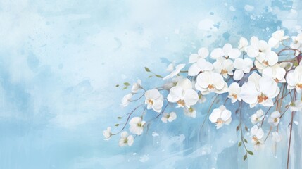 Watercolor illustration of white orchids bouquet on a light soft blue background with aquarelle splashes and stains. Banner with copy space. Ideal for greeting card, event invitation, promotion