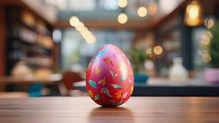 huevo de pascua pintado sobre superficie de madera, con fondo de establecimiento comercial...