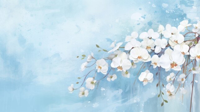 Watercolor illustration of white orchids bouquet on a light soft blue background with aquarelle splashes and stains. Banner with copy space. Ideal for greeting card, event invitation, promotion