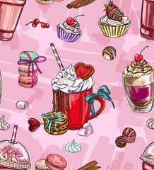 Seamless pattern of romantic cupcakes cocoa, desserts and smoothies, drinks, digital printing, t-shirt designs, stickers, bag patterns and much more.
