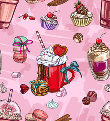 Seamless pattern of romantic cupcakes cocoa, desserts and smoothies, drinks, digital printing, t-shirt designs, stickers, bag patterns and much more.
