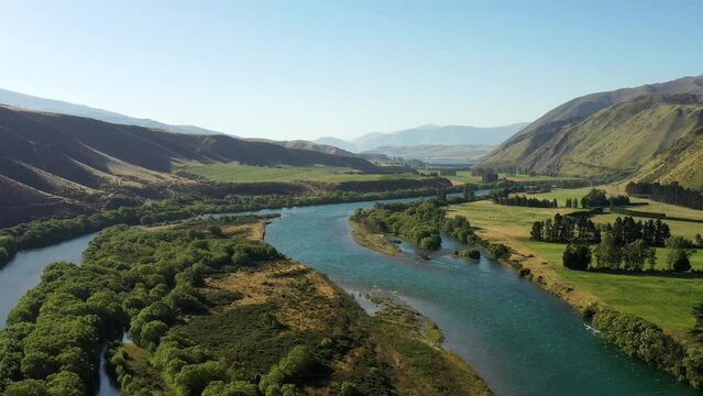 Scenic Waitaki river and valley at Kurow town mountains in New Zealand as 4k.
