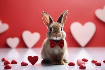 Cute bunny for advertising. Backdrop with selective focus and copy space