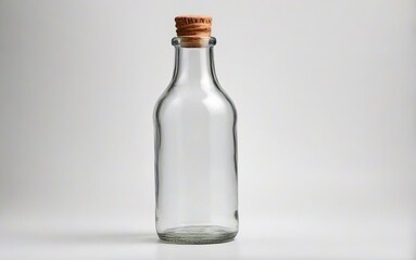 Botella de vidrio vacía, con tapón de corcho sobre fondo blanco  