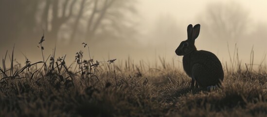 Hare shadow in morning foggy field.