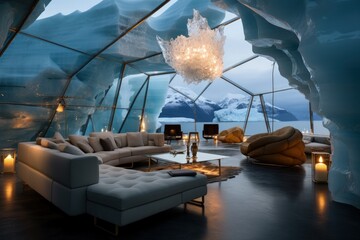 A house of the future built in an iceberg in Anarctica. Future living: innovative house within antarctic iceberg - sustainable design and isolation in the frozen wilderness. - obrazy, fototapety, plakaty