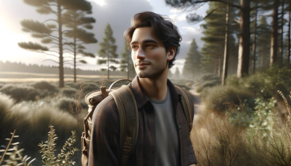 A horizontal photorealistic portrait in a natural setting, featuring a person in a candid moment with a background of trees and sky, in soft, natural light