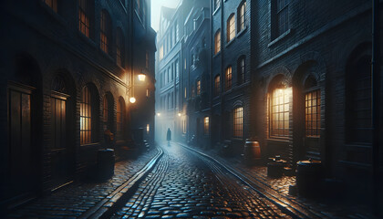 A moody, enigmatic night scene in a narrow alley with dim lighting, cobblestone pavement, brick buildings, ambient window lights, and a lone distant figure