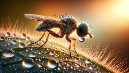 A close-up, macro photograph showcasing a vividly colored insect on a dew-kissed leaf. The background is softly blurred, highlighting the insect's detailed textures