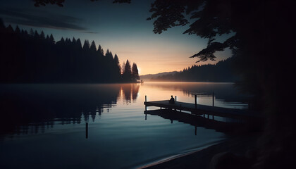 A serene twilight scene at a quiet lakeside, with the last day's light casting a gentle glow over the water. Silhouetted trees against the sky and a person sitting on a dock