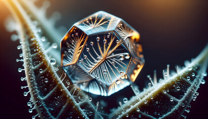 A photorealistic macro photograph capturing the intricate texture of a leaf's vein, with crystal-clear water droplets. The background is artfully blurred