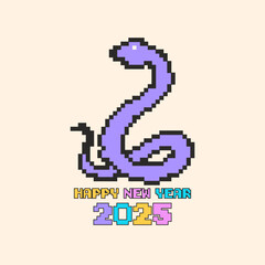 Happy New Year 2025 with a pixel art snake in an 8-bit retro game style. New Year pixel art banner. Vector illustration