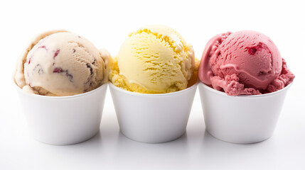 Ice cream balls in paper cup. Neapolitan ice cream scoops in white cups of chocolate. AI Generative