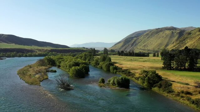 Kurow Waitaki river valley in mountain ranges area of South Island in New Zealand.

