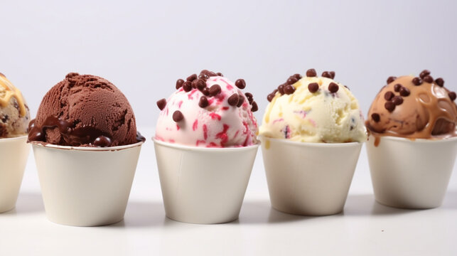 Mockup Strawberry, vanilla, chocolate different flavor ice cream scoops or balls. AI Generative