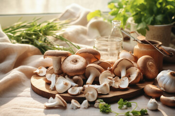 Raw ingredients for a recipe. Mushrooms, walnuts and garlic on light background. Generative AI